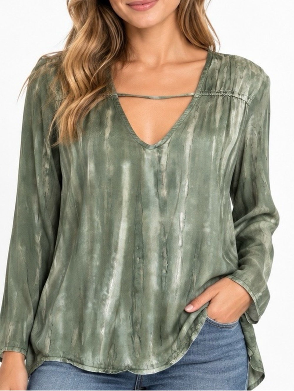 XCVI Women's Green Tie Dye V-Neck Tunic Top Size M Rayon
Blend